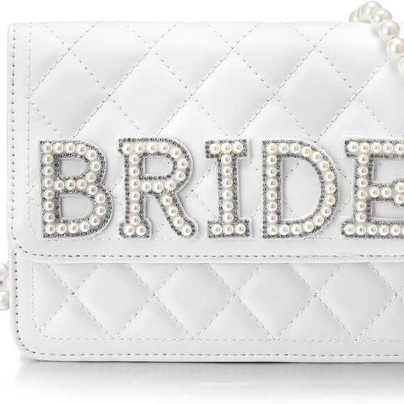 White Leather Bride Clutch with Pearl Chain - Elegant Wedding Accessory